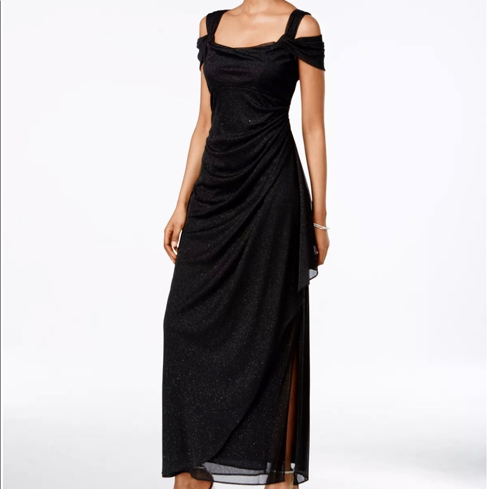 Alex Evenings - Black Cold Shoulder Draped Metallic Gown
